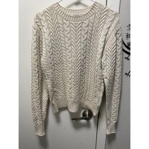 Evereve Womens XS Cream Alexis Cable Knit Crew Neck Sweater Cotton Blend
